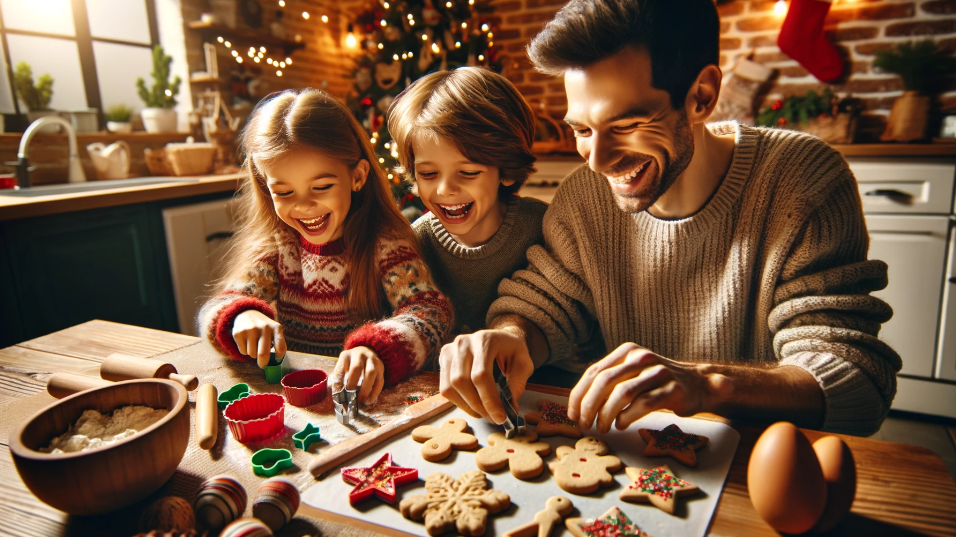 After calibrating an oven, a father and his children happily make holiday cookies together.