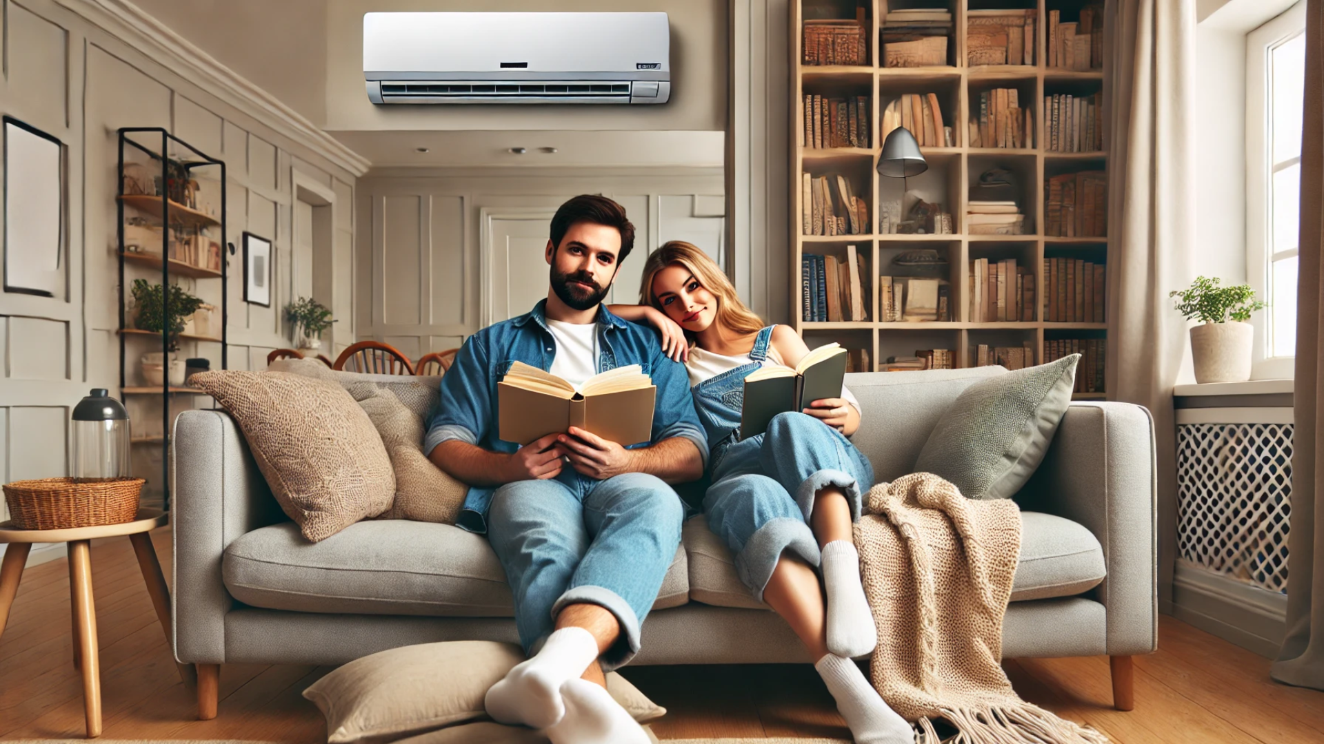 A couple relaxing in their cozy, well-lit living room, both reading books. The indoor unit of a mini split HVAC system is mounted on the wall above them. 