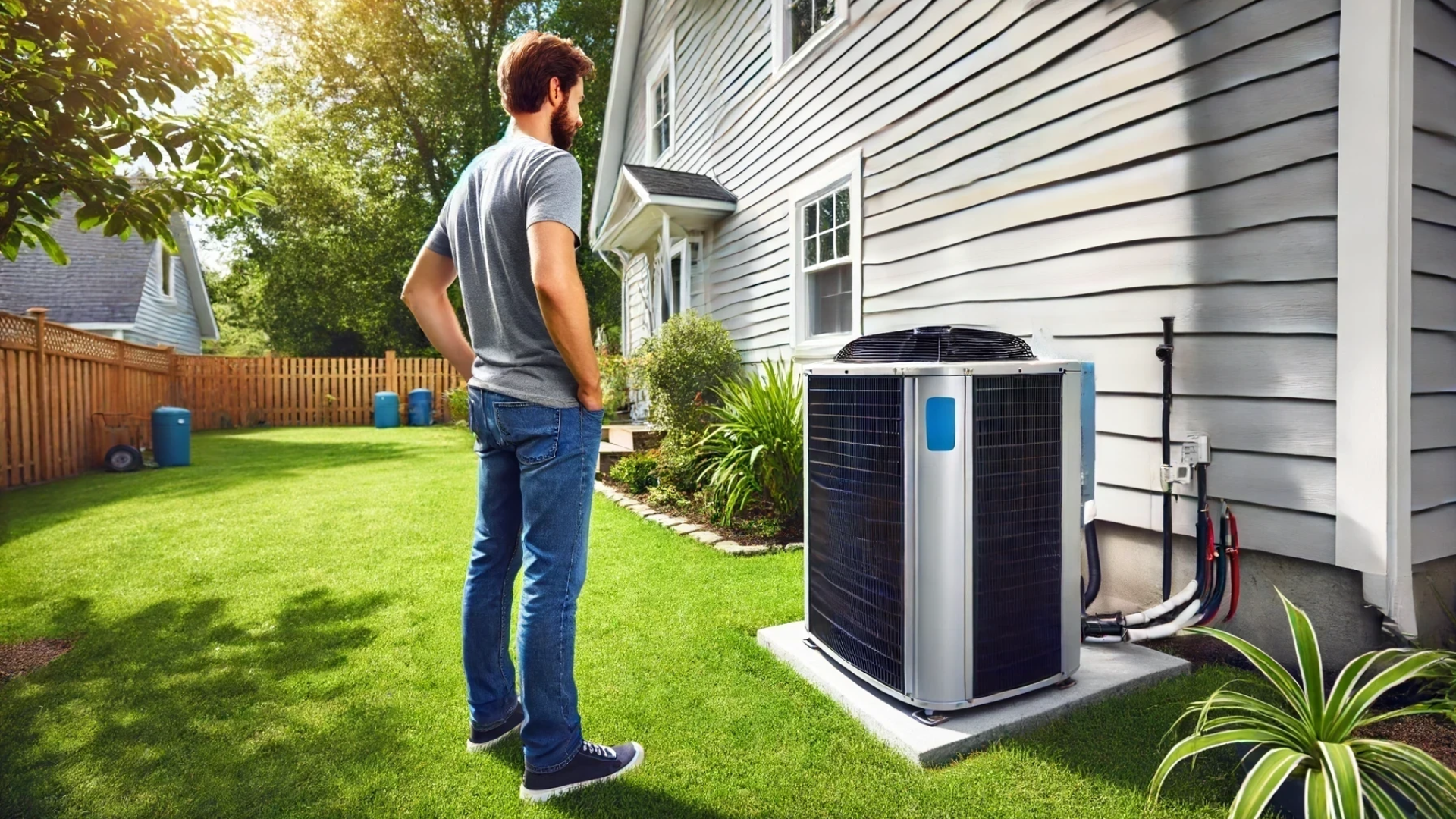 A homeowner inspecting the outside condenser of his heat pump.