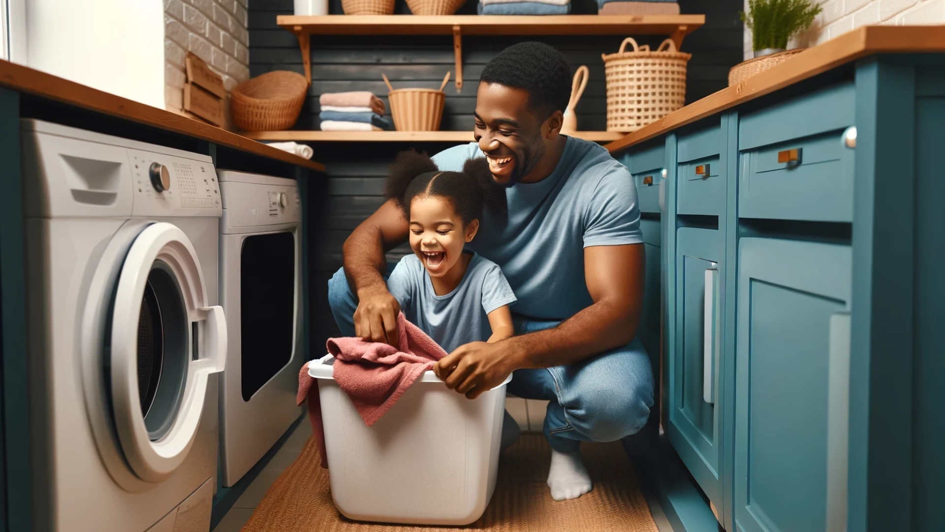 A joyful moment unfolds as a father and his child share the simple pleasure of folding laundry together